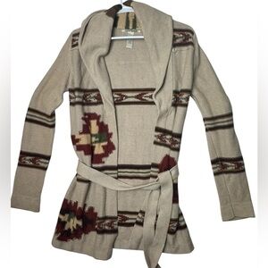 Lucky Brand XS Southwestern Belted Cardigan Hoodie Sweater Linen‎ Blend